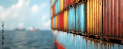 Colorful shipping containers on a freighter over calm ocean water, emphasizing global trade and maritime transport.
