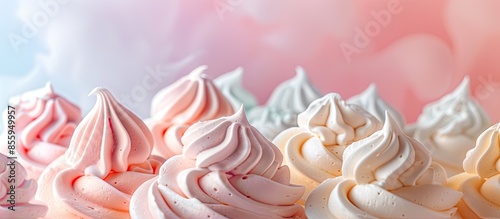 Colorful meringues isolated on pastel background. Many sweet zephyrs . Copy space image. Place for adding text and design