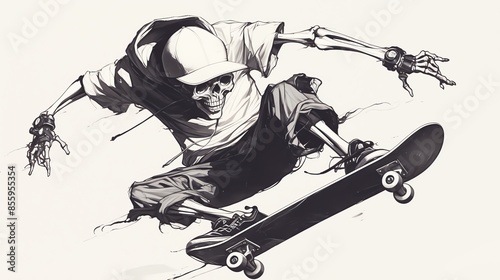 Dynamic black and white illustration of a skeleton skateboarder in action, showcasing extreme sports and street culture.