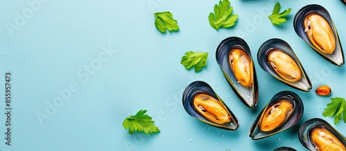 fresh mussel baked with cheese pastel background Food. Copy space image. Place for adding text and design