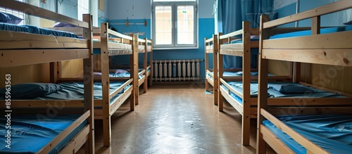 Cots in the kindergarten. orphanage or boarding school. beds in a boarding school or in an orphanage. Copy space image. Place for adding text and design