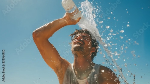 A man drinks from a water bottle in high heat and cools himself down with water