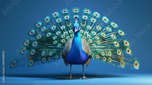 A stunningly beautiful peacock stands proudly, its vibrant feathers spread out in a dazzling display.