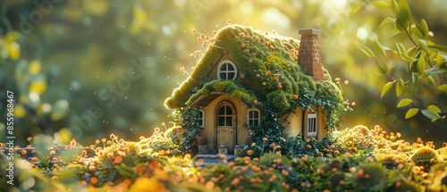 Charming fairytale cottage covered in lush greenery and flowers bathed in soft, golden sunlight. Perfect escape to nature and magic.