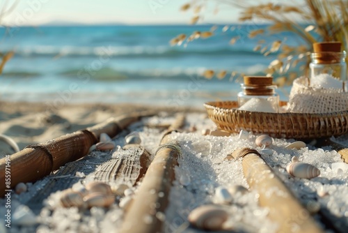 Thalassotherapy products for body therapy based on wooden slats and sand with background seascape. Front view. Horizontal composition.