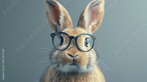 A close-up of a brown rabbit wearing black eyeglasses. The rabbit is looking at the camera with a curious expression.