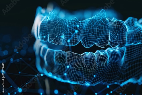 A mouthful of digital teeth,wireframe hologram,glowing blue lines forming intricate patterns around its iconic