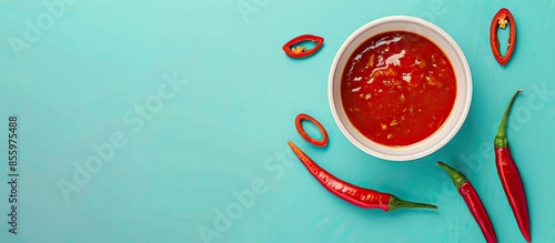 Chilli sauce in white cup. pastel background Food Isolated. Copy space image. Place for adding text and design