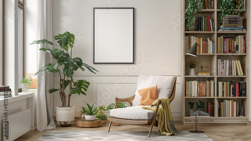 Empty poster frame on a wall in a cozy living room with a reading nook and bookshelves