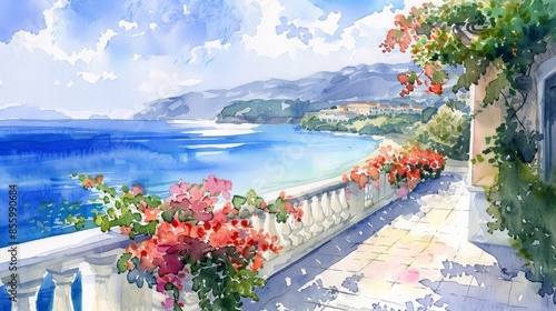 A watercolor painting of a Mediterranean coastal town.