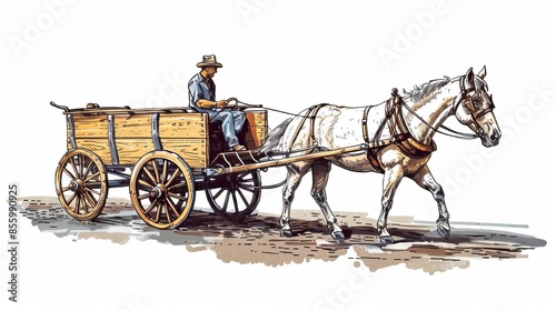 Classic horse-drawn wagon with a driver, hand-drawn style. Isolated on a white background. Vintage-style cart.