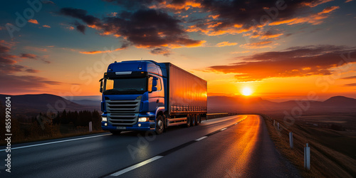 Semi truck speeding on lonely highway stretch at fiery red sunrise, transportation industry, travel road trip concept for logistics shipping services delivering freight cargo
