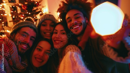 Joyful Friends Celebrating Holiday Season with Christmas Lights and Selfie