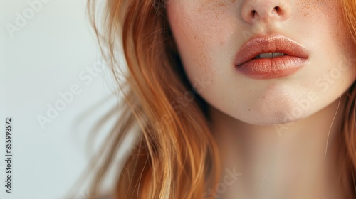 Young beautiful girl with clear healthy skin biting lip Close up on white background Space for text Beauty care and spa