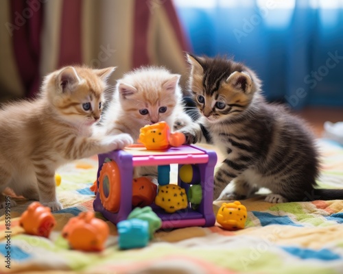 Three adorable kittens playing with colorful toys on a soft blanket in a cozy indoor setting, capturing a vibrant and playful moment.