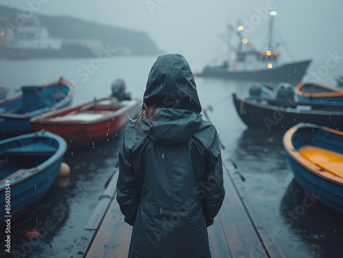 Scandinavian woman in a sleek raincoat, standing on a Nordic pier with moored boats, Scandinavian travel, nautical charm.
