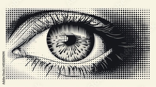 Halftone pattern creates a vector illustration of the human eye.