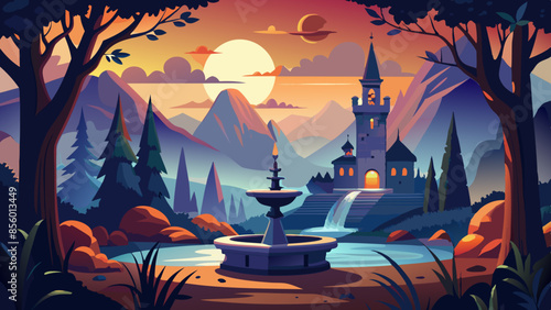 Spooky Halloween landscape background with a fountain