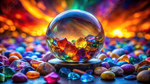 Crystal ball surrounded by vibrant multi-colored cut stones on a mystical background, crystal ball, colorful