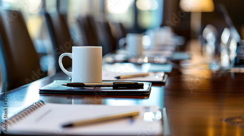 A detailed image of a conference room table with laptops, notepads, and coffee cups.