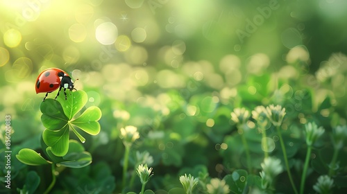 Cute ladybug on a green clover field, spring nature background with bokeh and empty space for St Patrick's Day concept.