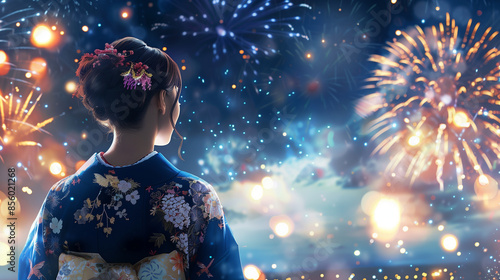 Background of a woman in yukata with fireworks in summer