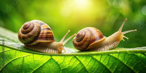 Two curious snails exploring a green leaf in a garden , nature, wildlife, curiosity, exploration, adventure, animals