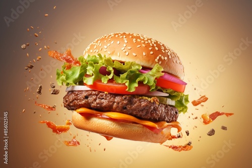 Delicious cheeseburger with toppings and seasonings flying in mid-air