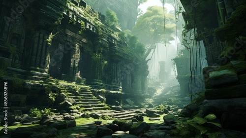 Discover an ancient jungle temple ruin, enveloped by lush greenery, bathed in sunlight, creating a mystical aura.