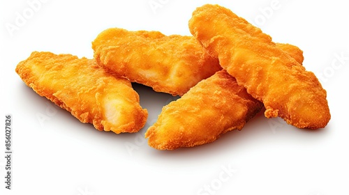 Four crispy golden fried fish fillets on a white background. The fillets are made from white fish and are coated in a crispy batter.