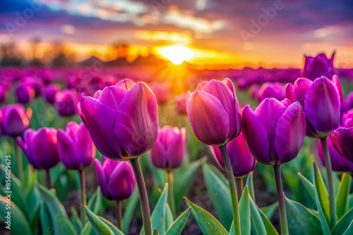 Close-up view of beautiful purple tulip flowers blooming at sunset. Purple tulips in the morning. 