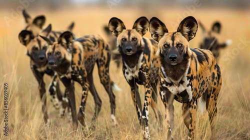 A pack of African wild dogs on the hunt and their mottled coats and large ears giving them a distinctive appearance