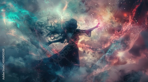 ethereal woman wielding mystic power conjuring dreams celestial fantasy scene digital painting