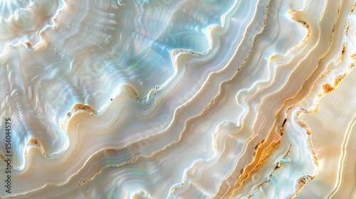 Mesmerizing closeup of a luxurious nacre seashell showcasing its iridescent texture.