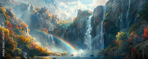 A photorealistic depiction of a powerful waterfall cascading down a rocky cliff, its mist creating a rainbow in the sunlight.