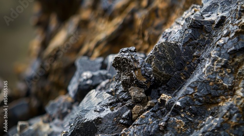 Shilajit resin on Himalayan rock surface, closeup.