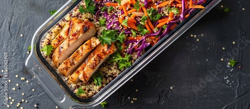 Healthy meal prep containers with quinoa, chicken and cole slaw. with copy space image. Place for adding text or design