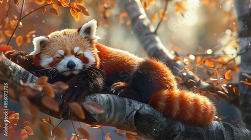 Red panda sleeping on a tree branch in an autumn forest