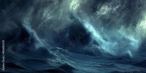 Photo of a huge wave in the ocean at night time, with a misty with a dramatic and stormy sky. This illustrates the concept of extreme weather and the climate crisis.