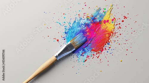 Artistic paintbrush with colorful bristles on a light grey background creative tool open space around for copy