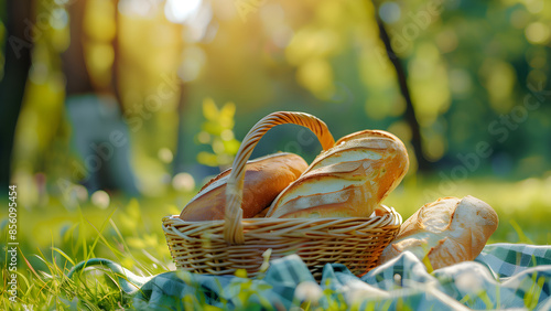 Wicker basket with baguette bread in the park background