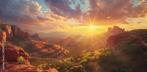 Beautiful view of Cathedral Rock in fitted with the sun at sunset, red rocks and lush greenery, sunny sky, in Sedona Arizona