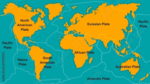 Map of Earth's principal tectonic plates, Tectonic Plate World Map Concept Design, The sixteen major pieces of crust and uppermost mantle of the Earth, called the lithosphere, Earth's surface, geology