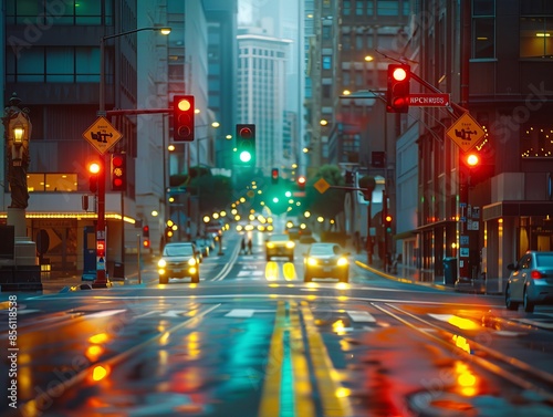 A cinemagraph of a city street where only the traffic lights change color, while the rest of the scene remains still, creating a subtle and mesmerizing effect