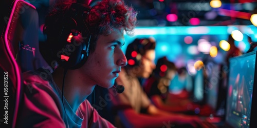 Young konzentrierter Mann mit Headset beim Spielen von Videospielen
