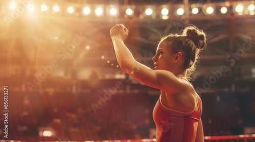 A female boxer raises her fist in victory, celebrating her win in a boxing ring under bright lights.