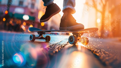 Close-up of skateboarder's feet on a board, sunset light creates a warm glow on the asphalt.