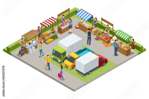 Isometric Farmers selling a Selection of Ecological Fruits and Vegetables at a Farmers Market. Vegetables fair food. Sellers and marketing