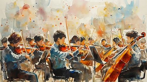 A watercolor painting of a small orchestra.