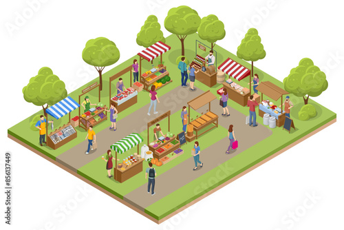 Isometric Farmers selling a Selection of Ecological Fruits and Vegetables at a Farmers Market. Vegetables fair food. Sellers and marketing